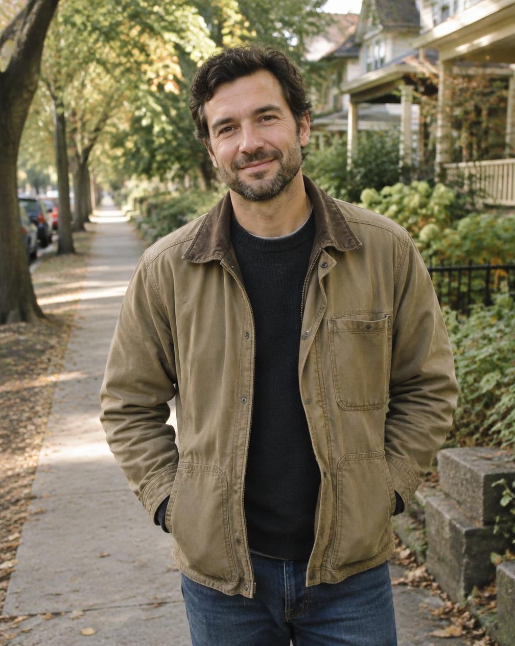 Andrew standing on a tree-lined sidewalk in the neighborhood