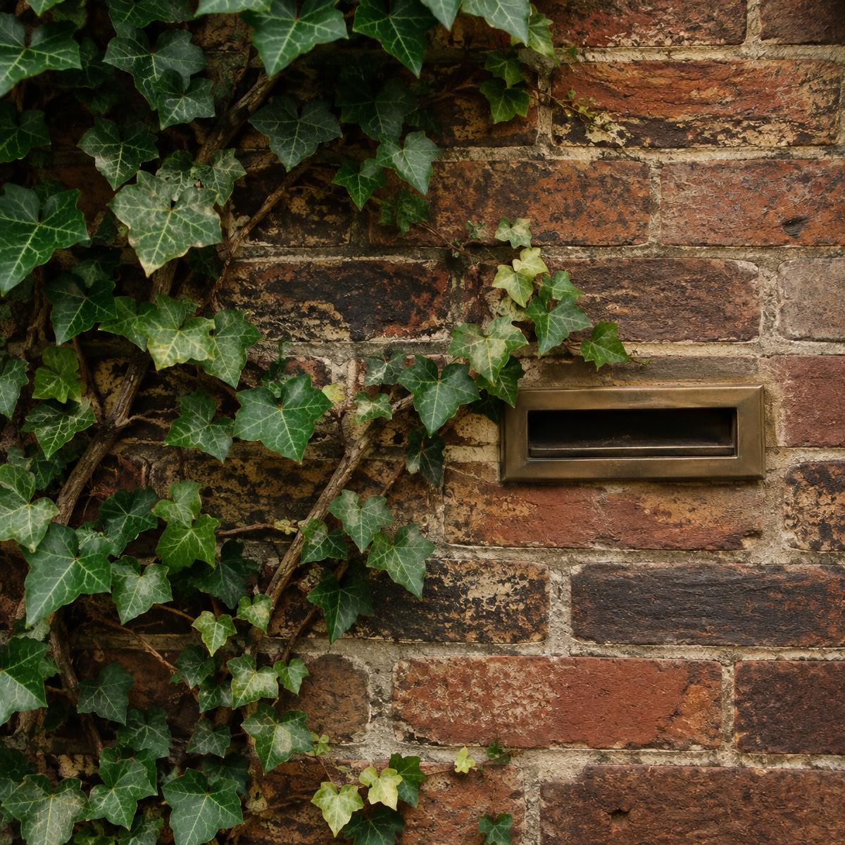 Ivy growing across old brickwork beside a brass mail slot