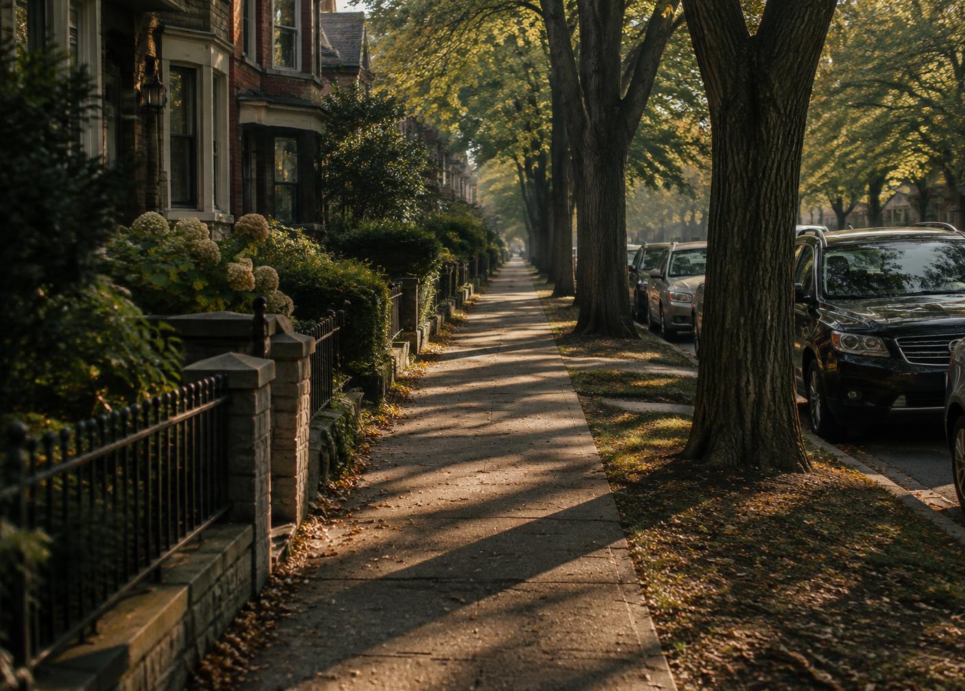 A tree-lined sidewalk with long morning shadows